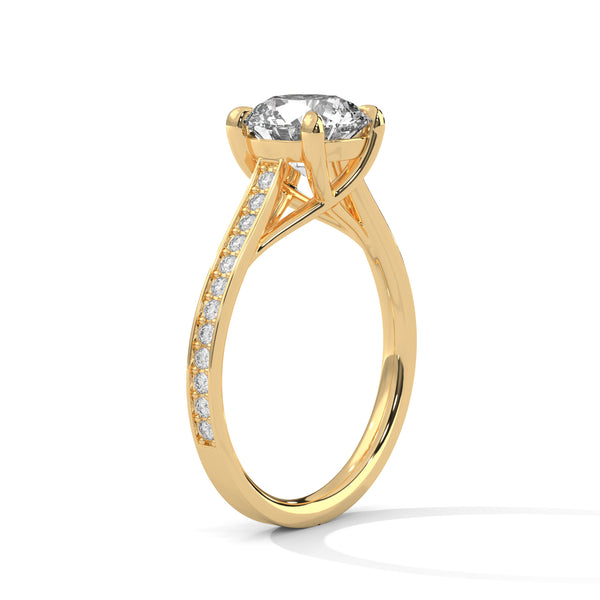“Aurora Ring—round brilliant diamond sparkle, sleek pavé-band elegance, and timeless white-gold beauty crafted to symbolize radiant love, grace, and unforgettable moments.”