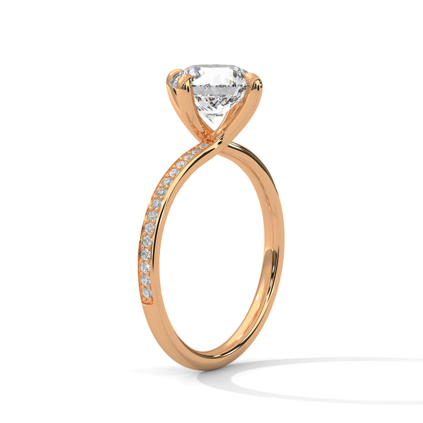 “Celeste Ring—round brilliant diamond beauty, four-prong tulip elegance, and refined pavé sparkle crafted to symbolize timeless love, radiant grace, and everlasting sophistication.”