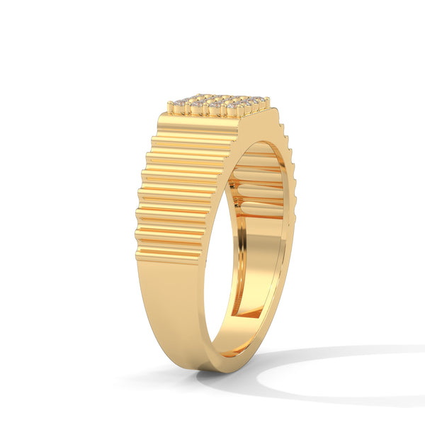 “Bold gold men’s diamond ring showcasing a sleek grooved band and radiant square diamond cluster, crafted for luxury, style, and everyday elegance.”