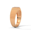 “Bold gold men’s diamond ring showcasing a sleek grooved band and radiant square diamond cluster, crafted for luxury, style, and everyday elegance.”