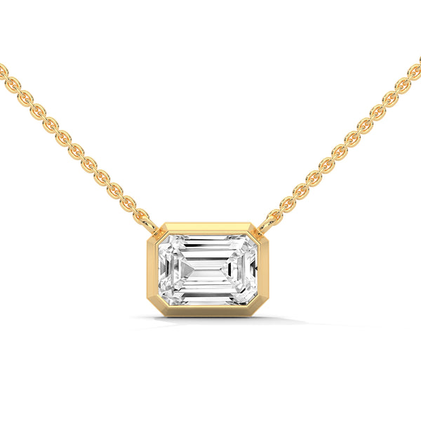 Emerald Cut Lab Grown Diamond Bezel Set Gold Pendant Chain