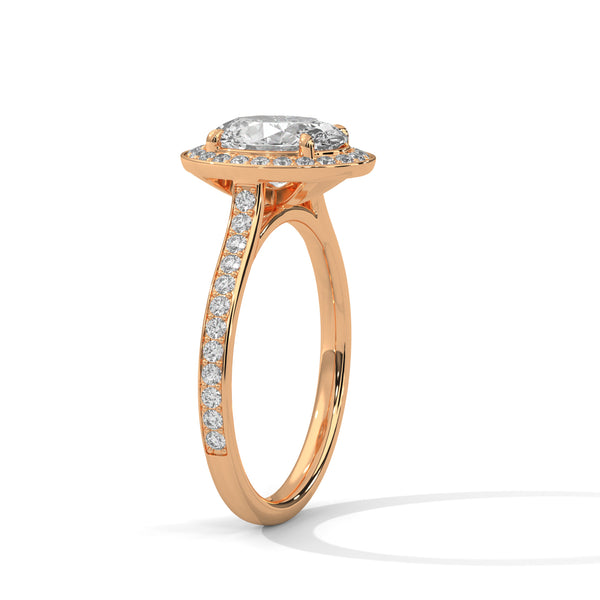 “Oval diamond halo ring in yellow gold—brilliantsparkle, pavé band elegance, and timeless luxurycrafted for unforgettable love and lifetimebeauty.”