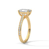 The Celestial Elegance Ring features a striking emerald-cut diamond embraced by a delicate band adorned with shimmering pave stones. A timeless piece that symbolizes everlasting love and sophistication.