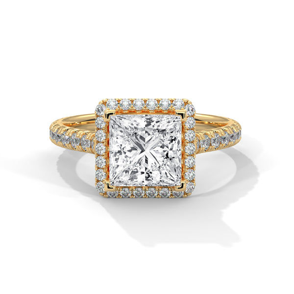 “Celesttia Ring—princess-cut brilliance, radiant halo sparkle, and pavé band elegance crafted to symbolize modern beauty, timeless love, and unforgettable moments.”