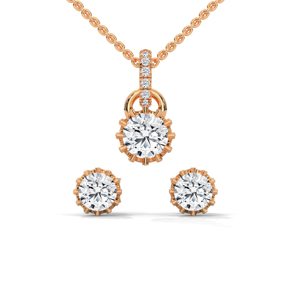 A mesmerizing rose gold jewelry set featuring dazzling round-cut diamonds framed in floral-inspired prongs, perfect for elevating any occasion with timeless sparkle.