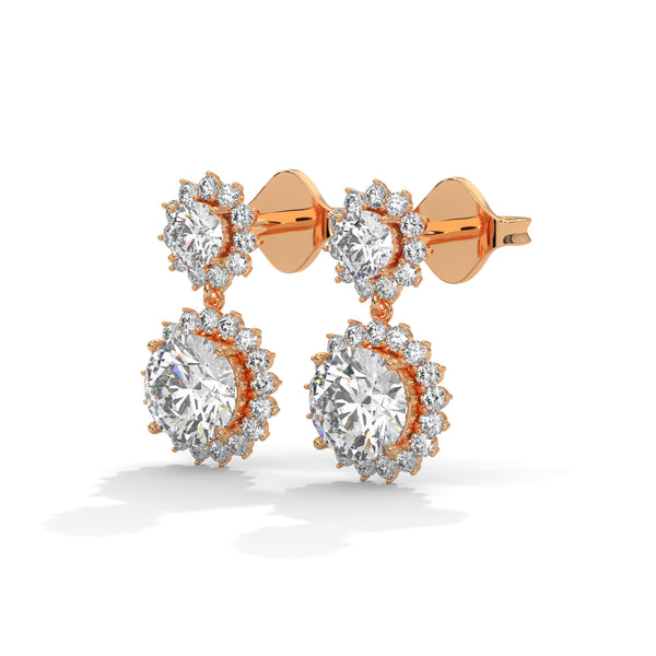 Twilight Bloom Double Halo Lab Grown Round Diamond Gold Drop Earrings