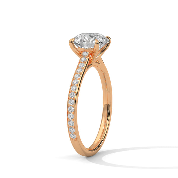 “Rose-gold round diamond solitaire—brilliantsparkle, pavé-band elegance, and timeless luxurycrafted for everlasting love and unforgettablemoments.”