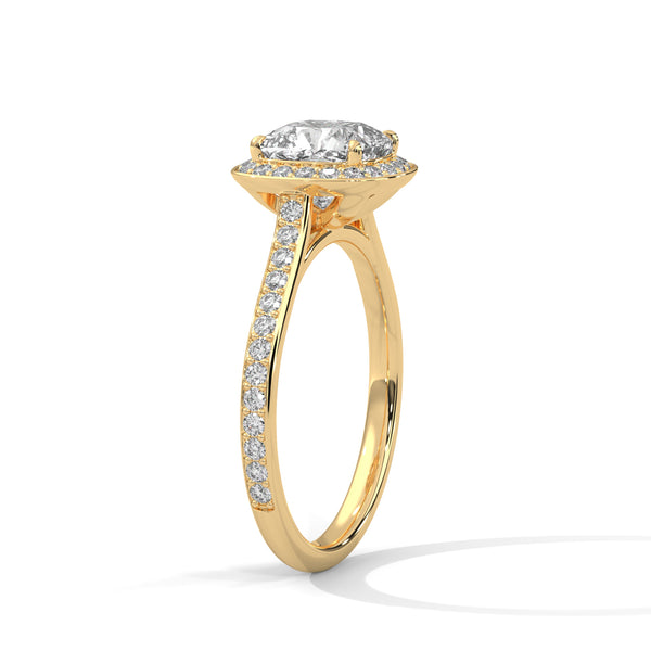 A dazzling cushion-cut lab-grown diamond encircled by a radiant halo and pavé band — timeless elegance with a modern soul.