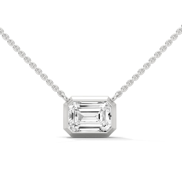 Emerald Cut Lab Grown Diamond Bezel Set Gold Pendant Chain