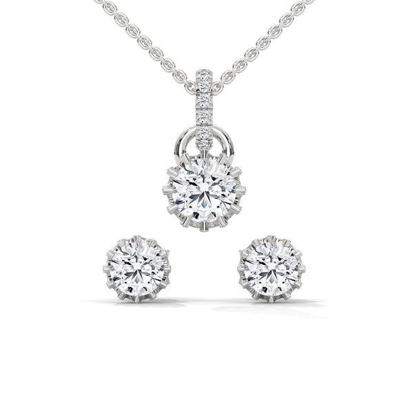 A mesmerizing rose gold jewelry set featuring dazzling round-cut diamonds framed in floral-inspired prongs, perfect for elevating any occasion with timeless sparkle.