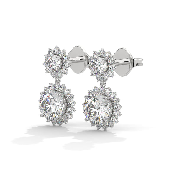 Twilight Bloom Double Halo Lab Grown Round Diamond Gold Drop Earrings