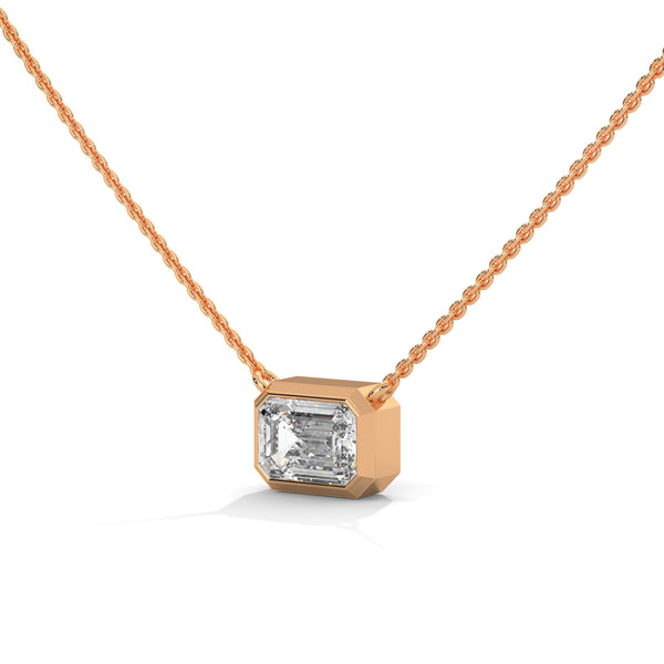 Emerald Cut Lab Grown Diamond Bezel Set Gold Pendant Chain
