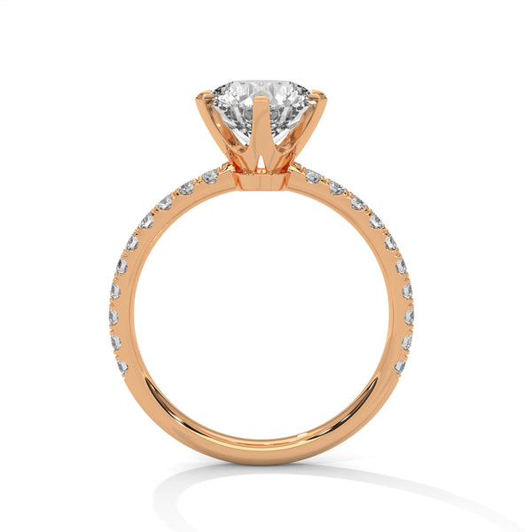 “Celestia Ring—round-cut diamond brilliance, secure six-prong elegance, and pavé-band sparkle crafted to symbolize timeless beauty, lasting love, and radiant sophistication.”