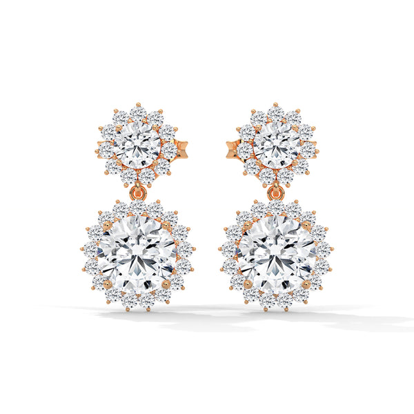 Twilight Bloom Double Halo Lab Grown Round Diamond Gold Drop Earrings