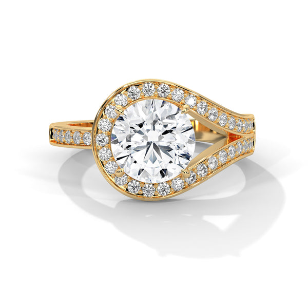 “Round-cut diamond split-halo ring in yellowgold—brilliant sparkle, unique design, andluxurious elegance crafted for bold,unforgettable love.”