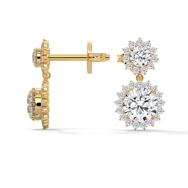 Twilight Bloom Double Halo Lab Grown Round Diamond Gold Drop Earrings