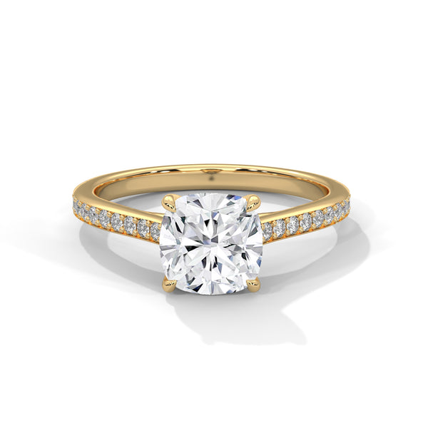 “Cushion-cut diamond solitaire ring in white gold—brilliant sparkle, pavé band elegance,and timeless luxury crafted for everlasting love.”
