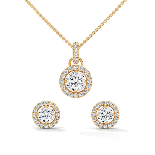 A dazzling rose gold pendant and earring set with shimmering round-cut diamonds encircled by a radiant halo, capturing elegance in every sparkle.