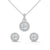 A dazzling rose gold pendant and earring set with shimmering round-cut diamonds encircled by a radiant halo, capturing elegance in every sparkle.