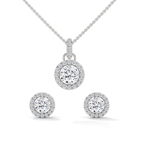 A dazzling rose gold pendant and earring set with shimmering round-cut diamonds encircled by a radiant halo, capturing elegance in every sparkle.