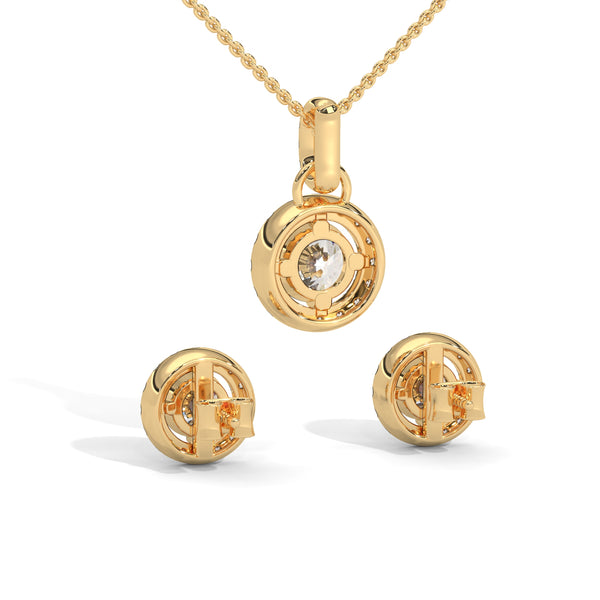A dazzling rose gold pendant and earring set with shimmering round-cut diamonds encircled by a radiant halo, capturing elegance in every sparkle.