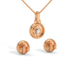 A dazzling rose gold pendant and earring set with shimmering round-cut diamonds encircled by a radiant halo, capturing elegance in every sparkle.