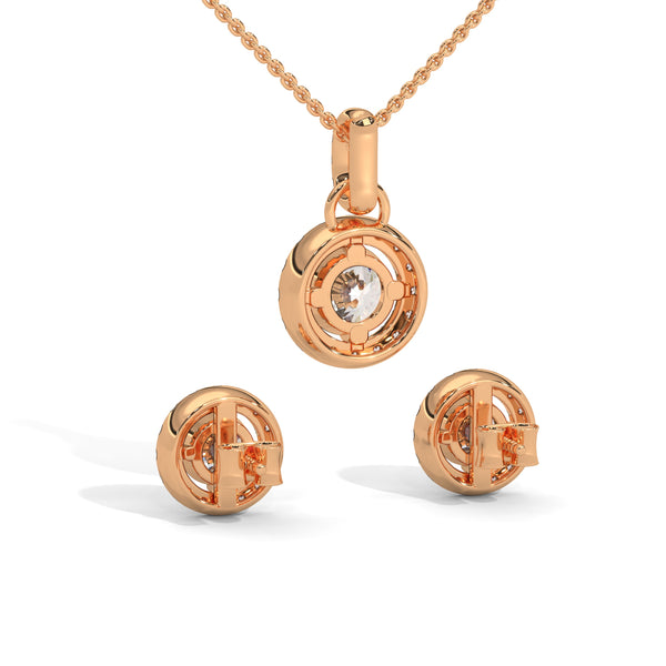 A dazzling rose gold pendant and earring set with shimmering round-cut diamonds encircled by a radiant halo, capturing elegance in every sparkle.