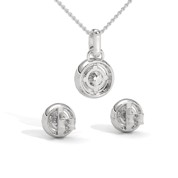 A dazzling rose gold pendant and earring set with shimmering round-cut diamonds encircled by a radiant halo, capturing elegance in every sparkle.