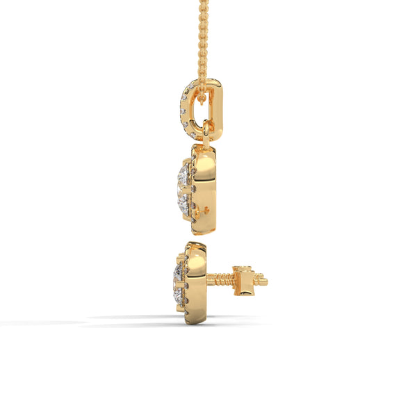 A dazzling rose gold pendant and earring set with shimmering round-cut diamonds encircled by a radiant halo, capturing elegance in every sparkle.