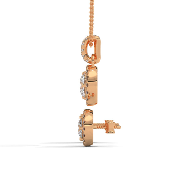 A dazzling rose gold pendant and earring set with shimmering round-cut diamonds encircled by a radiant halo, capturing elegance in every sparkle.