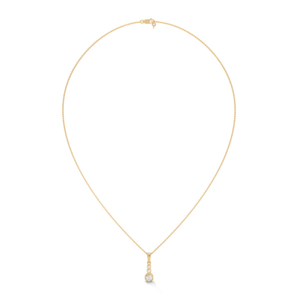 Modern elegance shines through the Trinity Radiance Pendant, featuring a graceful cascade of bezel-set diamonds in a sleek gold design.