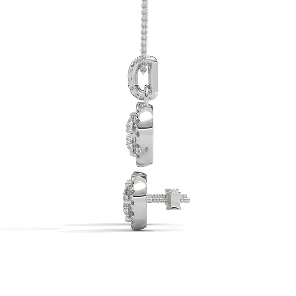 A dazzling rose gold pendant and earring set with shimmering round-cut diamonds encircled by a radiant halo, capturing elegance in every sparkle.