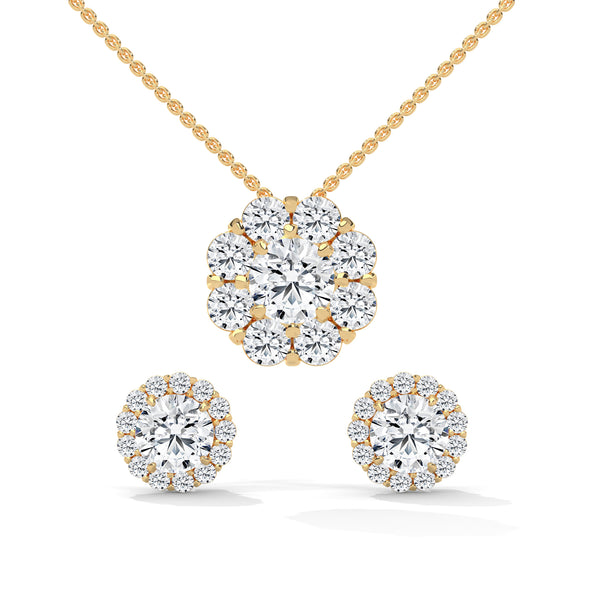 A captivating rose gold pendant and stud earring set featuring dazzling round-cut diamonds arranged in a blooming floral cluster for maximum sparkle and charm.
