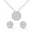 A captivating rose gold pendant and stud earring set featuring dazzling round-cut diamonds arranged in a blooming floral cluster for maximum sparkle and charm.