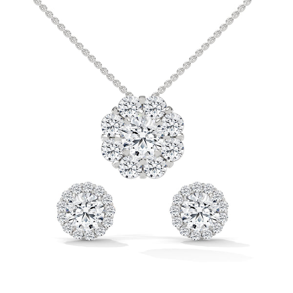 A captivating rose gold pendant and stud earring set featuring dazzling round-cut diamonds arranged in a blooming floral cluster for maximum sparkle and charm.