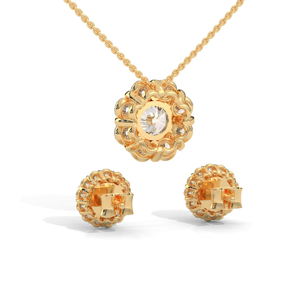 A captivating rose gold pendant and stud earring set featuring dazzling round-cut diamonds arranged in a blooming floral cluster for maximum sparkle and charm.