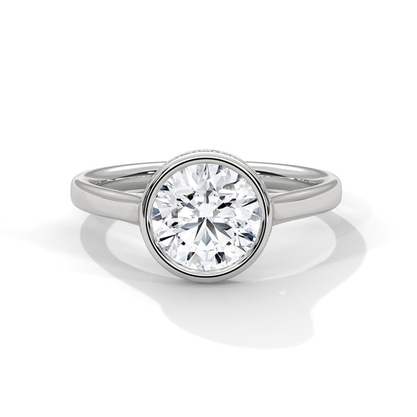 Round Cut Lab Grown Diamond Bezel Halo Gold Ring