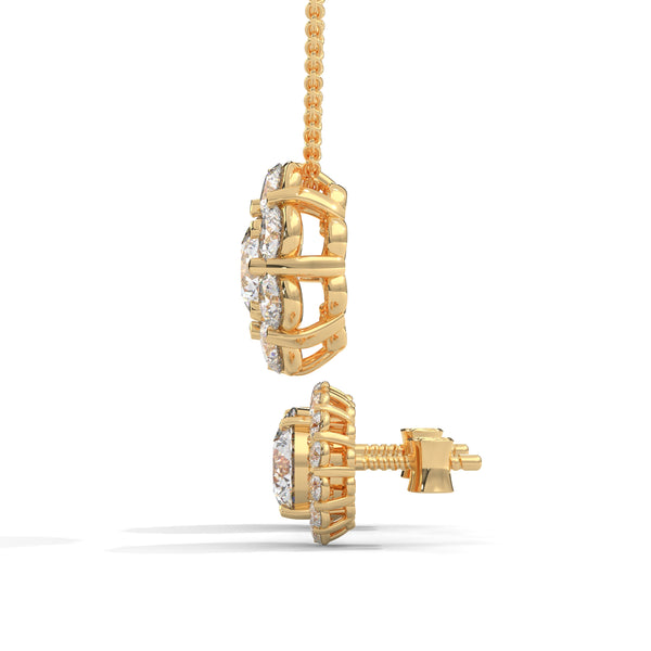 A captivating rose gold pendant and stud earring set featuring dazzling round-cut diamonds arranged in a blooming floral cluster for maximum sparkle and charm.