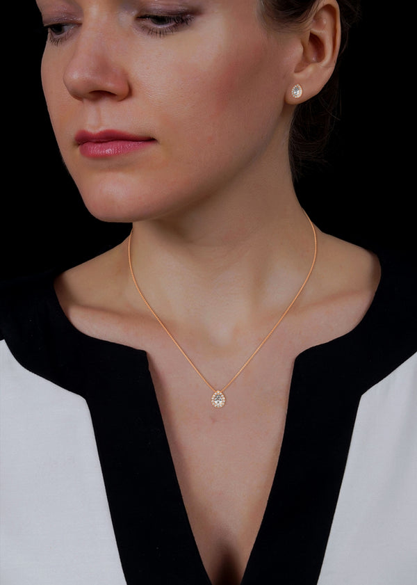 A graceful rose gold jewelry set with pear-shaped diamonds surrounded by shimmering halos, capturing timeless sophistication with every sparkle.