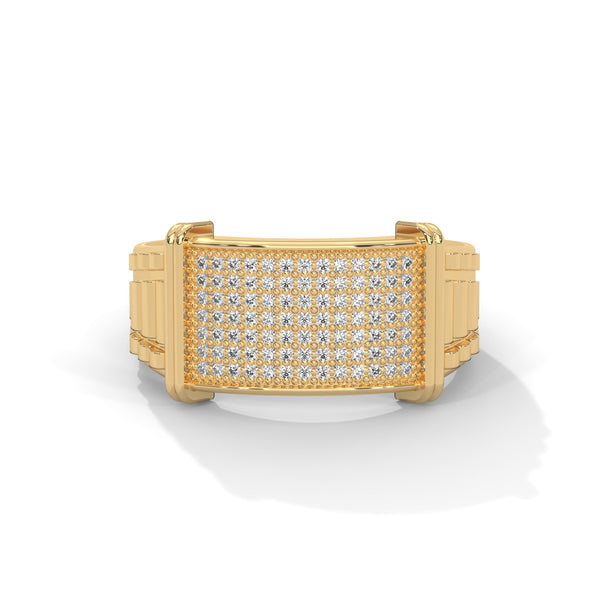 “Luxurious gold men’s diamond ring featuring a bold pavé panel design, delivering unmatched brilliance, premium craftsmanship, and statement-making elegance.”