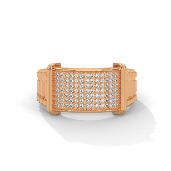 “Luxurious gold men’s diamond ring featuring a bold pavé panel design, delivering unmatched brilliance, premium craftsmanship, and statement-making elegance.”