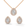 A graceful rose gold jewelry set with pear-shaped diamonds surrounded by shimmering halos, capturing timeless sophistication with every sparkle.