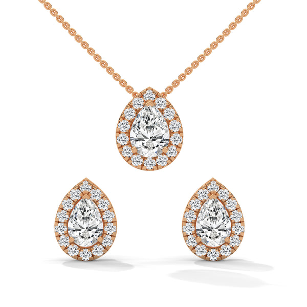 A graceful rose gold jewelry set with pear-shaped diamonds surrounded by shimmering halos, capturing timeless sophistication with every sparkle.