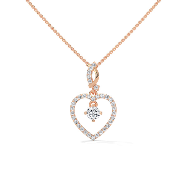 Celebrate love with the Eternal Embrace Heart Pendant, where a sparkling solitaire is cradled within a diamond-studded golden heart.
