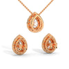 A graceful rose gold jewelry set with pear-shaped diamonds surrounded by shimmering halos, capturing timeless sophistication with every sparkle.