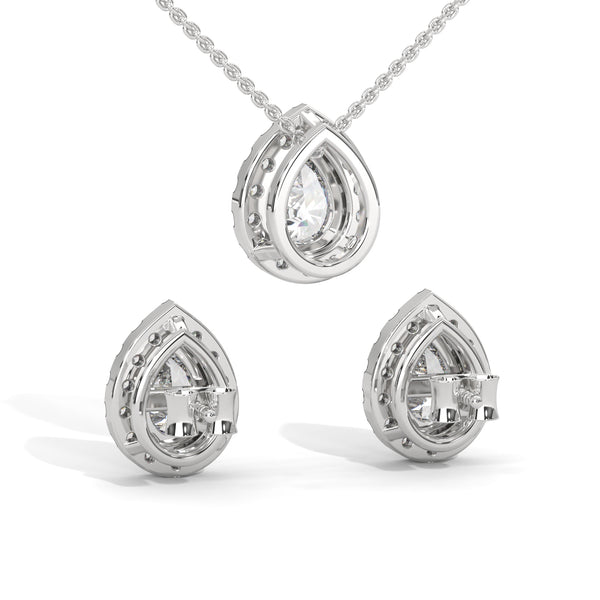 A graceful rose gold jewelry set with pear-shaped diamonds surrounded by shimmering halos, capturing timeless sophistication with every sparkle.