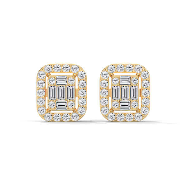 Double Halo Baguette cut Lab Grown Diamond Gold Earrings