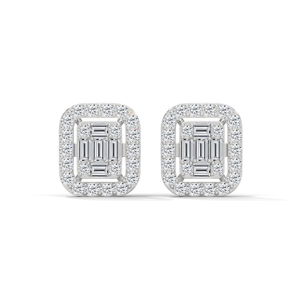 Double Halo Baguette cut Lab Grown Diamond Gold Earrings