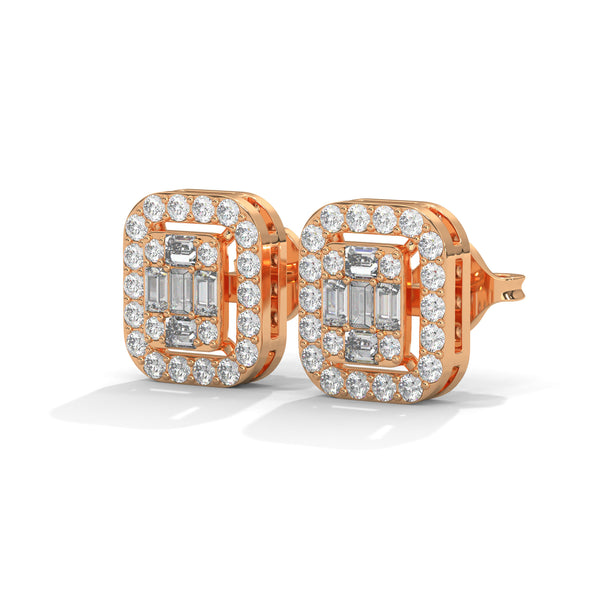 Double Halo Baguette cut Lab Grown Diamond Gold Earrings