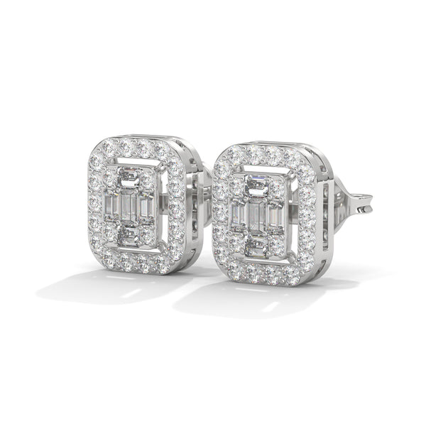 Double Halo Baguette cut Lab Grown Diamond Gold Earrings